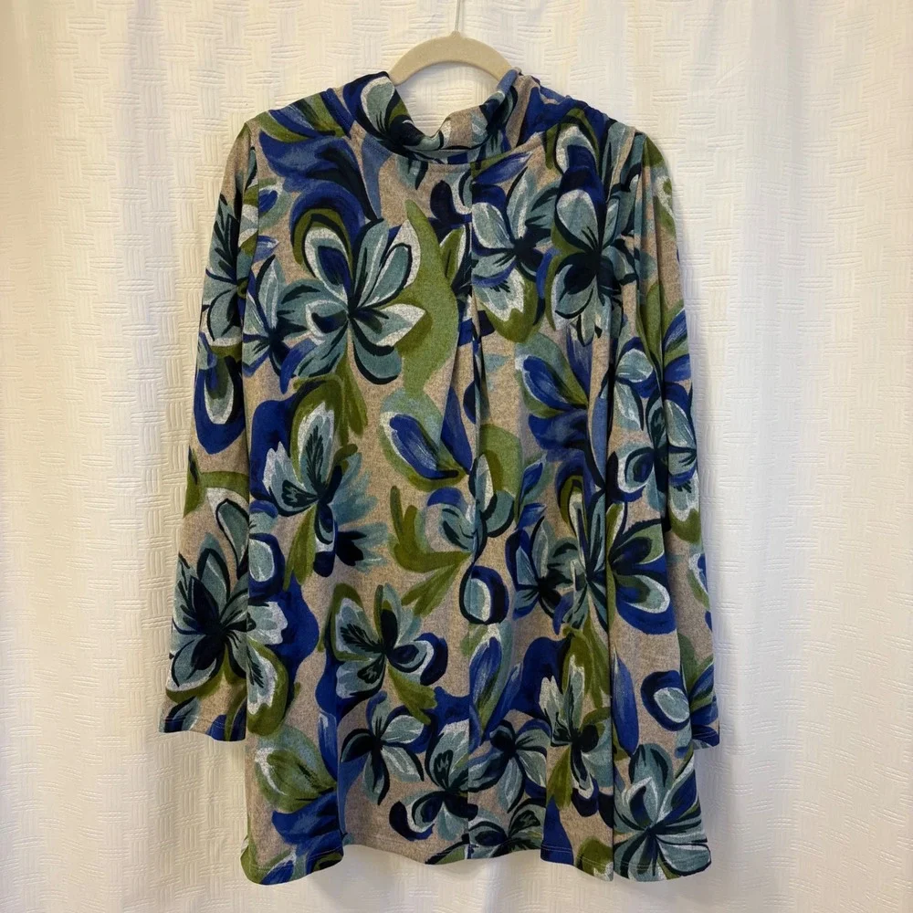 LOGO Lori Goldstein Floral Cowl Neck Tunic Sweater Top Blue Green Size 3X - Picture 2 of 4
